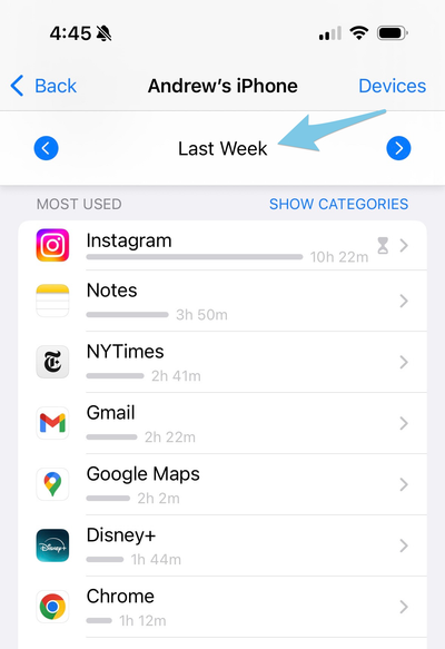 Example Screen Time screenshot showing app usage for the last week